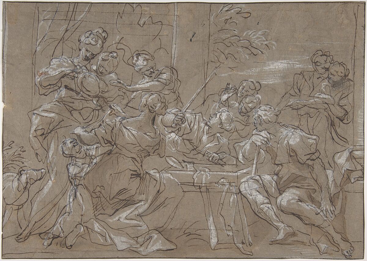 Achilles and the Daughters of Lycomedes, Gregorio de&#39; Ferrari (Italian, Porto Maurizio 1647–1726 Genoa), Pen and brown ink, highlighted with white, over black chalk, on brownish paper 