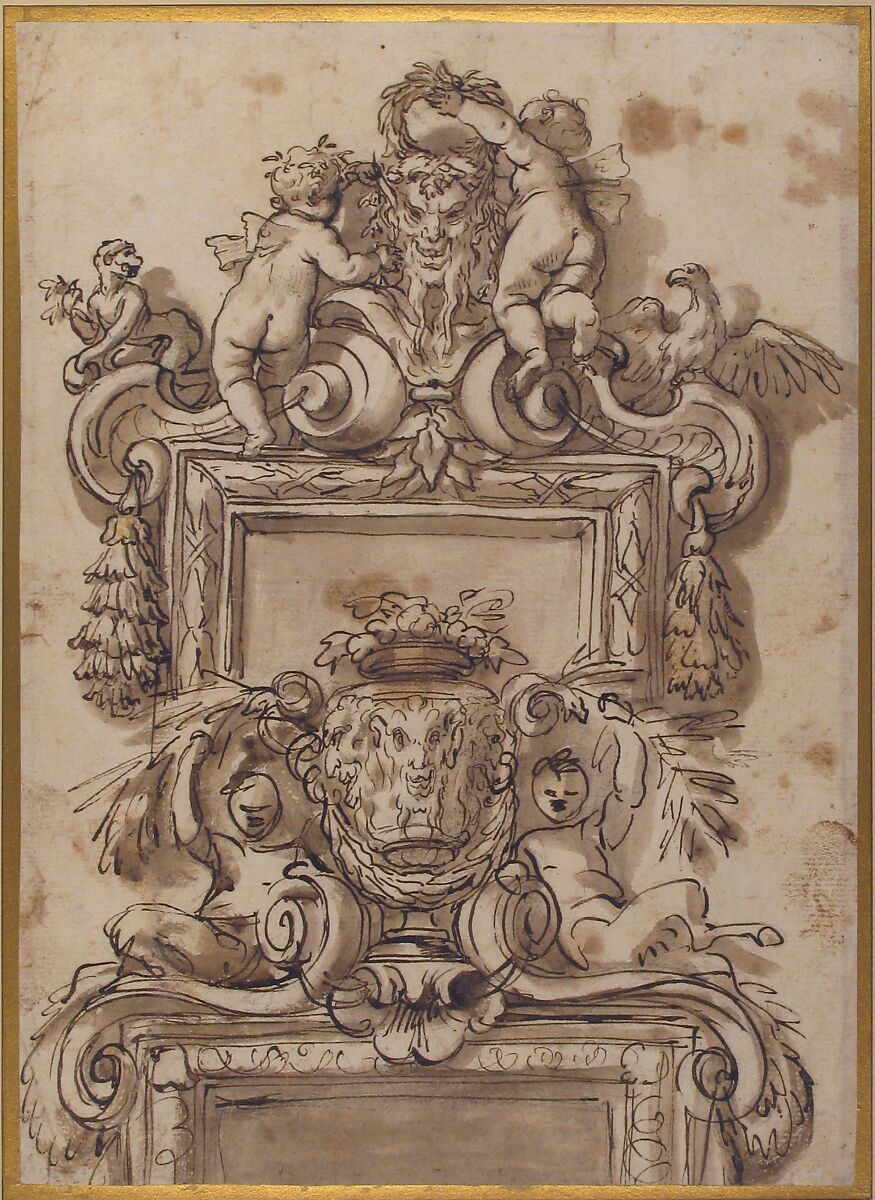 Design for an Overdoor Decoration (recto); Rinceaux (verso), Gregorio de' Ferrari (Italian, Porto Maurizio 1647–1726 Genoa), Pen and brown ink, brush and brown wash, over traces of black chalk (recto); rinceaux in red chalk (verso)