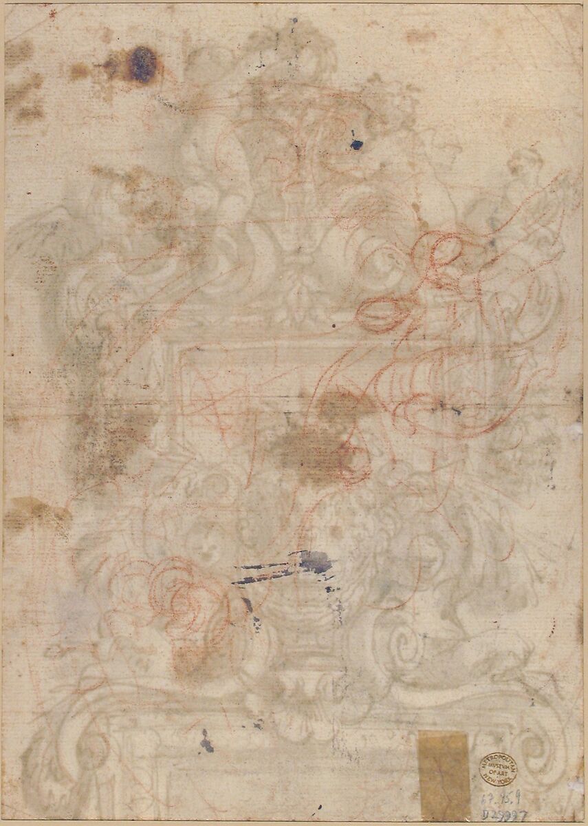 Design for an Overdoor Decoration (recto); Rinceaux (verso), Gregorio de' Ferrari (Italian, Porto Maurizio 1647–1726 Genoa), Pen and brown ink, brush and brown wash, over traces of black chalk (recto); rinceaux in red chalk (verso)