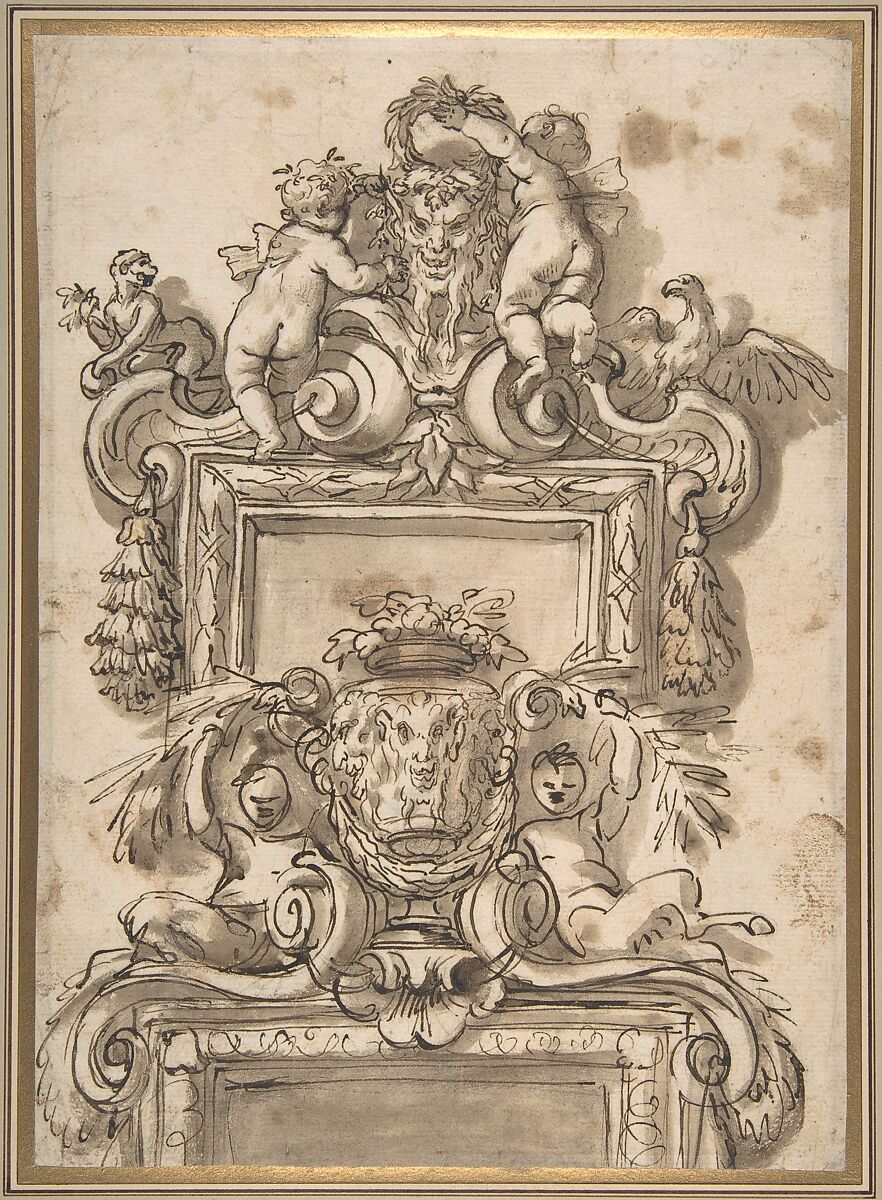 Design for an Overdoor Decoration (recto); Rinceaux (verso), Gregorio de&#39; Ferrari (Italian, Porto Maurizio 1647–1726 Genoa), Pen and brown ink, brush and brown wash, over traces of black chalk (recto); rinceaux in red chalk (verso) 