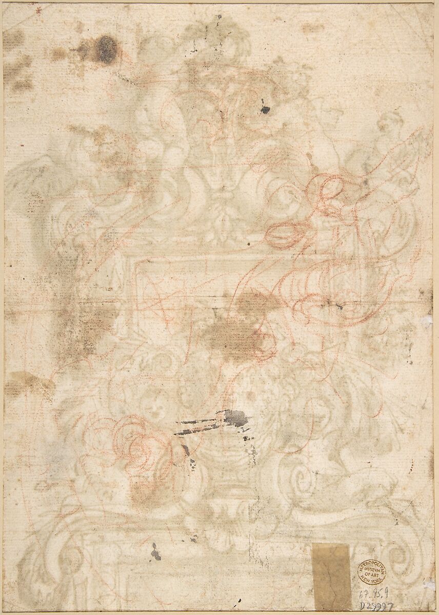 Design for an Overdoor Decoration (recto); Rinceaux (verso), Gregorio de' Ferrari (Italian, Porto Maurizio 1647–1726 Genoa), Pen and brown ink, brush and brown wash, over traces of black chalk (recto); rinceaux in red chalk (verso)