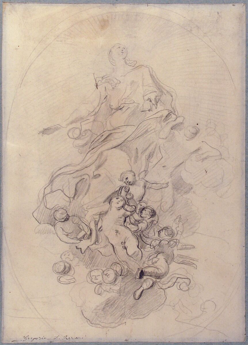 The Assumption of the Virgin (recto); Architectural Notations (verso), Lorenzo de' Ferrari (Italian, Genoa 1680–1744 Genoa), Black chalk, a little pen and brown ink (recto); architectural notations in black chalk (verso)