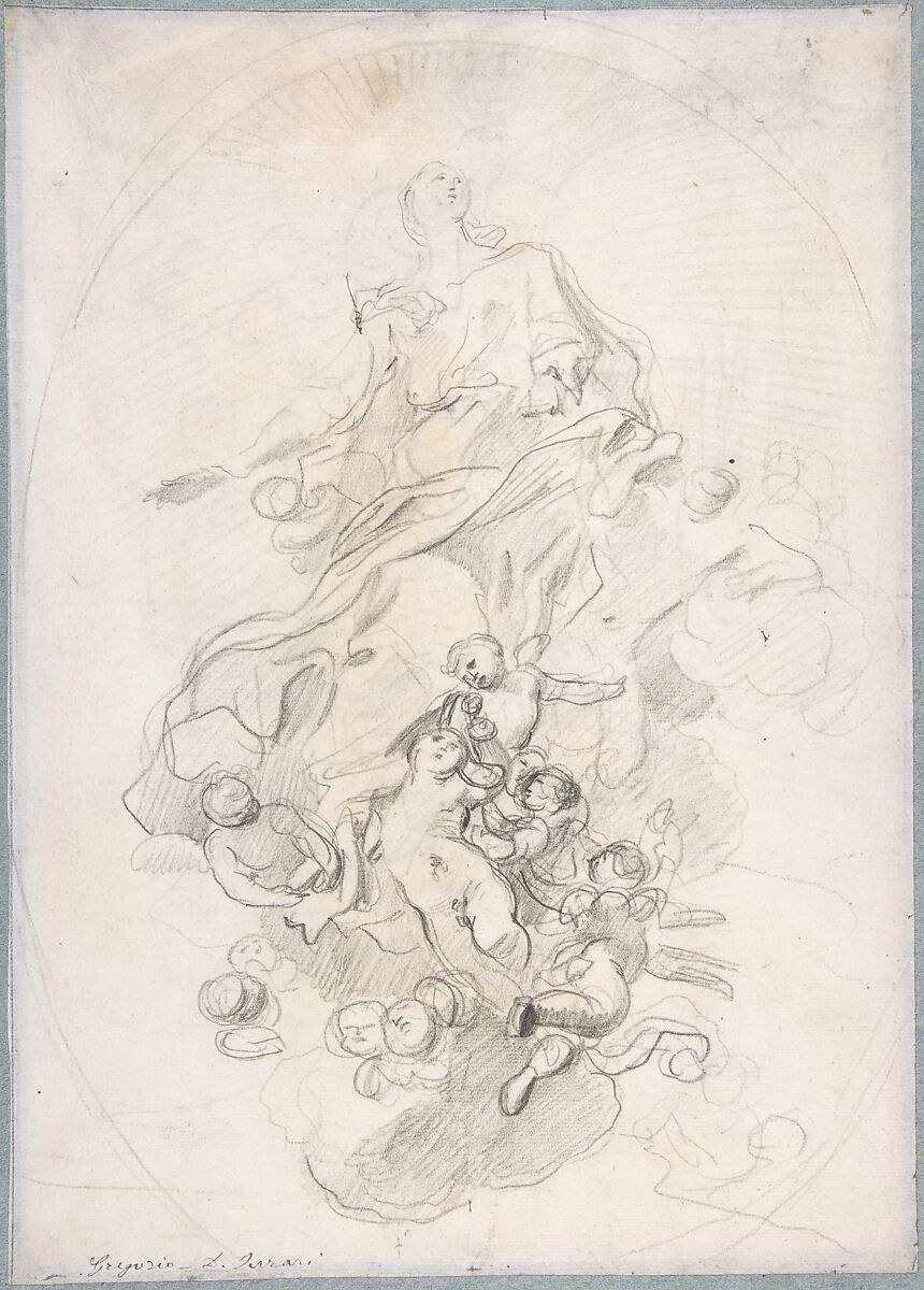 The Assumption of the Virgin (recto); Architectural Notations (verso), Lorenzo de&#39; Ferrari (Italian, Genoa 1680–1744 Genoa), Black chalk, a little pen and brown ink (recto); architectural notations in black chalk (verso) 