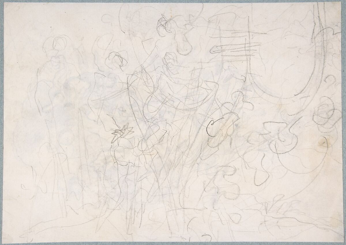 The Assumption of the Virgin (recto); Architectural Notations (verso), Lorenzo de' Ferrari (Italian, Genoa 1680–1744 Genoa), Black chalk, a little pen and brown ink (recto); architectural notations in black chalk (verso)