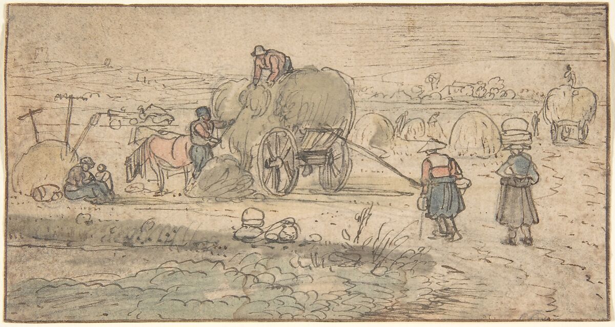 Peasants Loading Hay, Follower of Hendrick Avercamp (Dutch, Amsterdam 1585–1634 Kampen), Pen and brown and black ink, with watercolor, over black chalk; framing line in pen and brown ink 