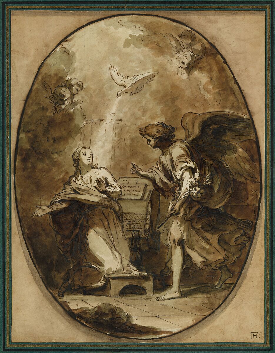 The Annunciation, Pietro Melchiorre Ferrari (Italian, Sissa near Parma 1735–1787 Parma), Pen and brown ink, brush and brown and gray-green wash, over traces of black chalk.  Lightly squared in black chalk