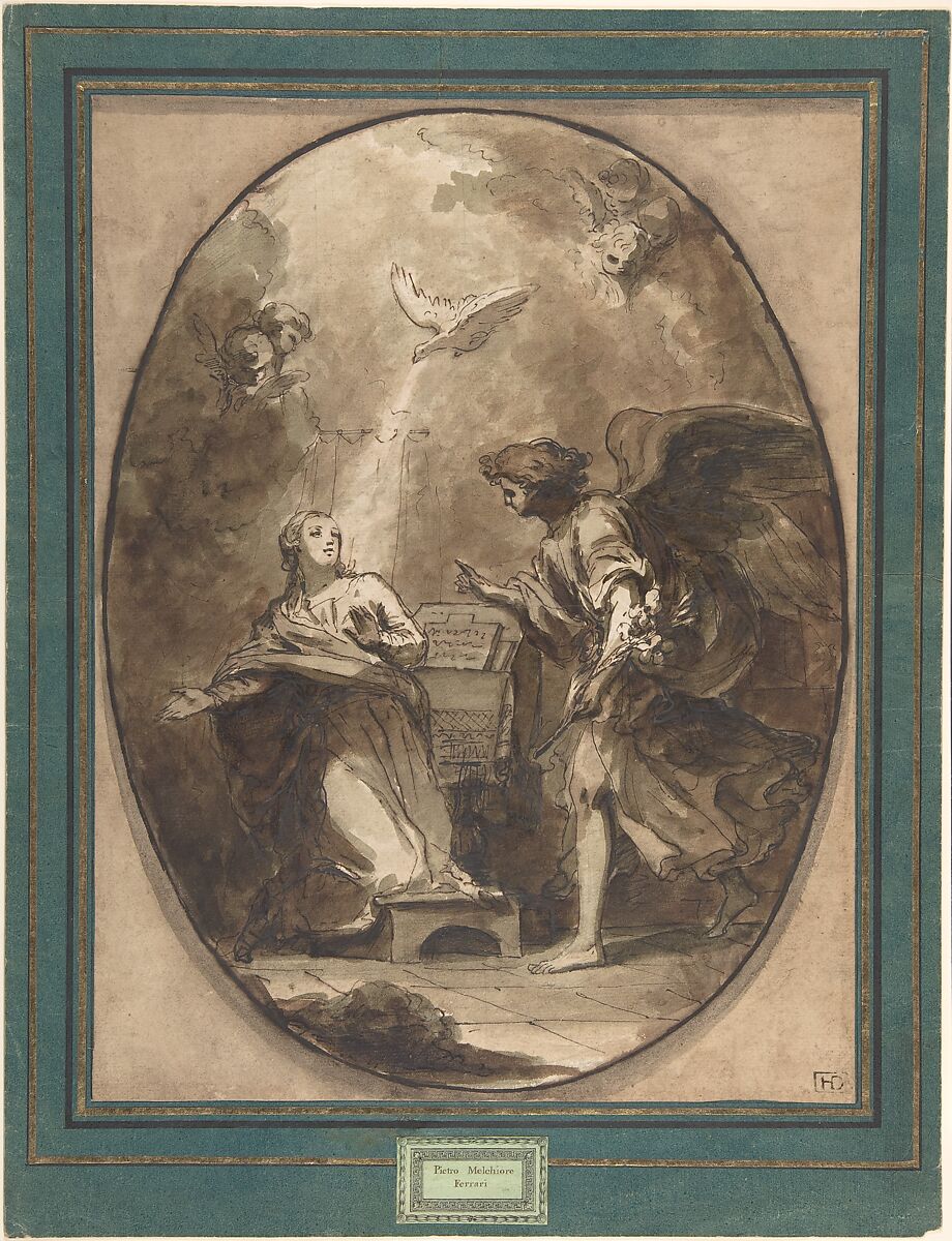 The Annunciation, Pietro Melchiorre Ferrari (Italian, Sissa near Parma 1735–1787 Parma), Pen and brown ink, brush and brown and gray-green wash, over traces of black chalk.  Lightly squared in black chalk 