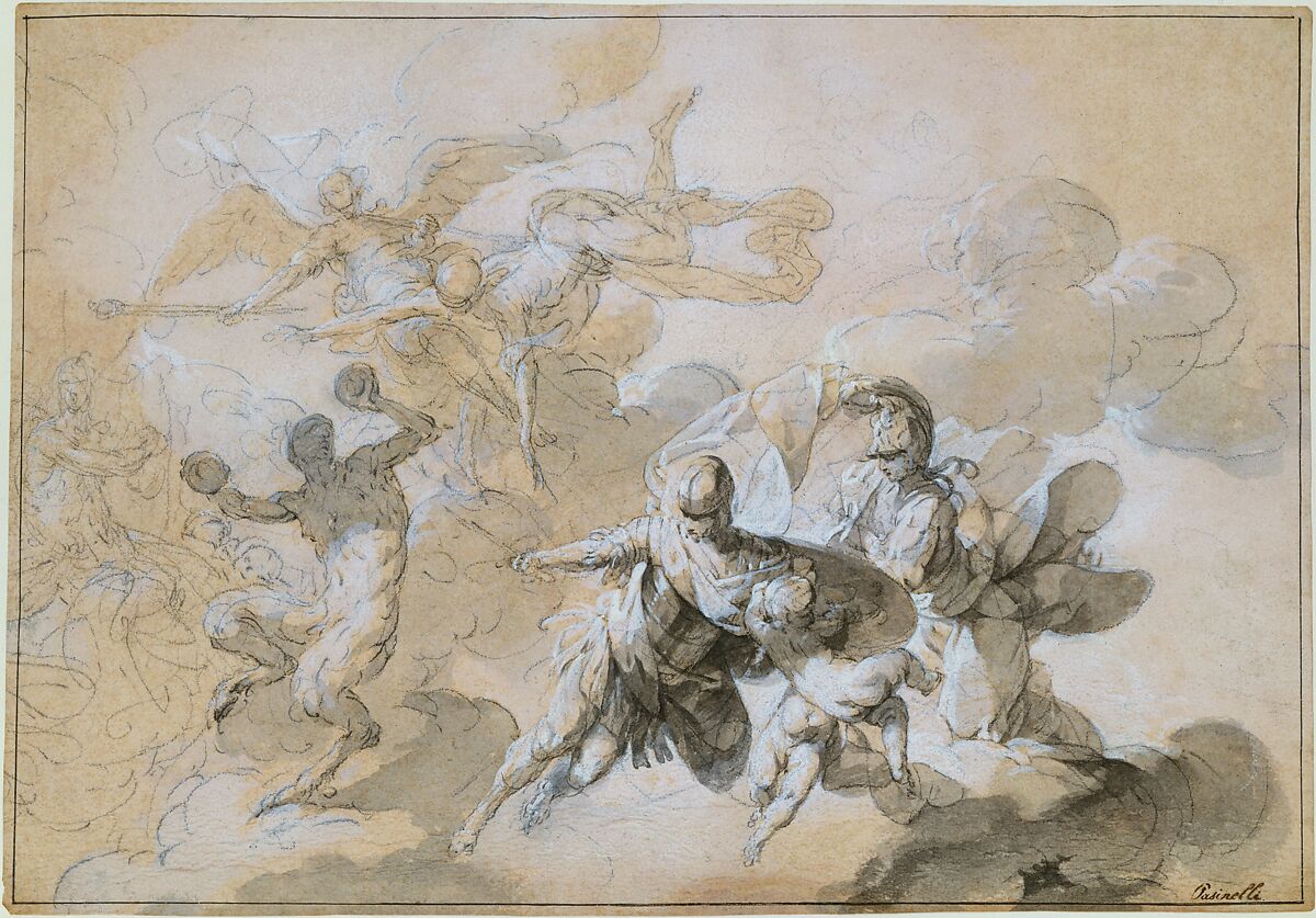 Study for ceiling decoration with Mars, Minerva, and a dancing satyr, for the Villa Puccini di Scornio, Pistoia, Italy, Giovanni Domenico Ferretti (Italian, Florence 1692–after 1768 Florence), Black chalk, brush and gray wash, heightened with white, on pale rose washed paper; framing lines in pen and black ink