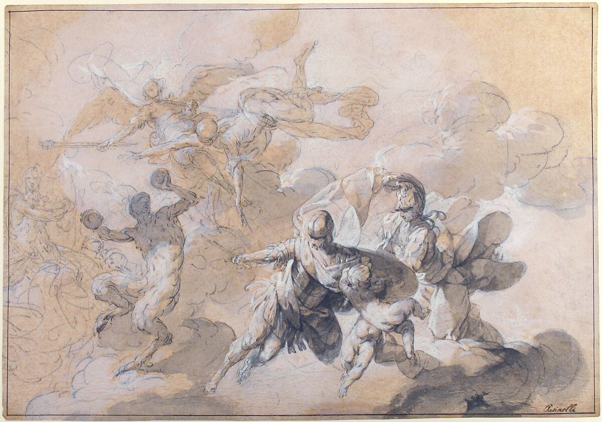 Study for ceiling decoration with Mars, Minerva, and a dancing satyr, for the Villa Puccini di Scornio, Pistoia, Italy, Giovanni Domenico Ferretti (Italian, Florence 1692–after 1768 Florence), Black chalk, brush and gray wash, heightened with white, on pale rose washed paper; framing lines in pen and black ink