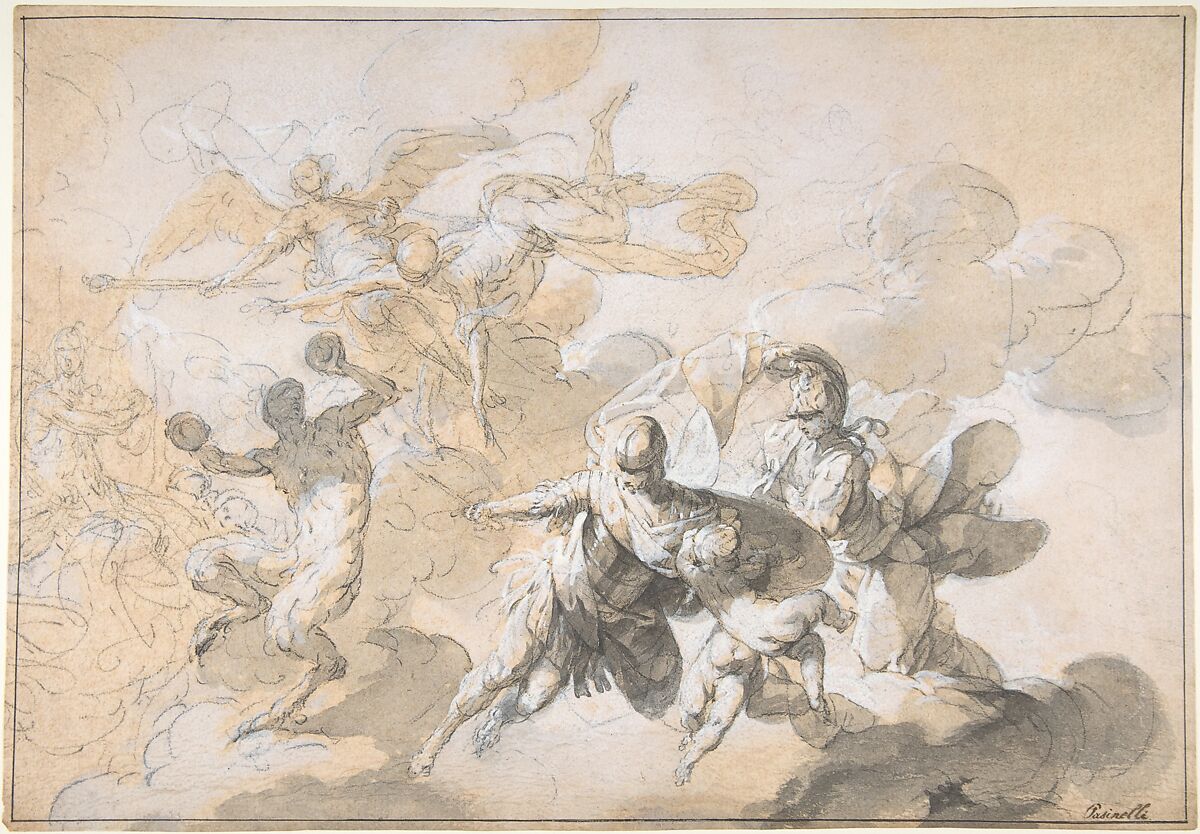 Study for ceiling decoration with Mars, Minerva, and a dancing satyr, for the Villa Puccini di Scornio, Pistoia, Italy, Giovanni Domenico Ferretti  Italian, Black chalk, brush and gray wash, heightened with white, on pale rose washed paper; framing lines in pen and black ink