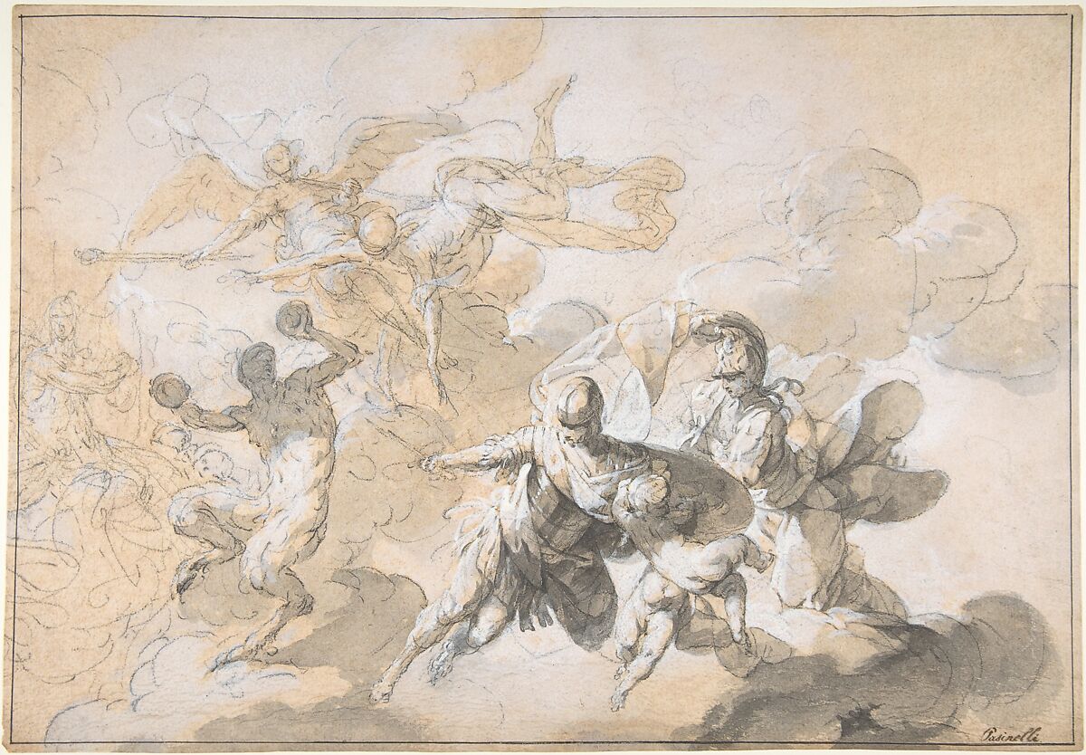 Study for ceiling decoration with Mars, Minerva, and a dancing satyr, for the Villa Puccini di Scornio, Pistoia, Italy, Giovanni Domenico Ferretti (Italian, Florence 1692–after 1768 Florence), Black chalk, brush and gray wash, heightened with white, on pale rose washed paper; framing lines in pen and black ink 