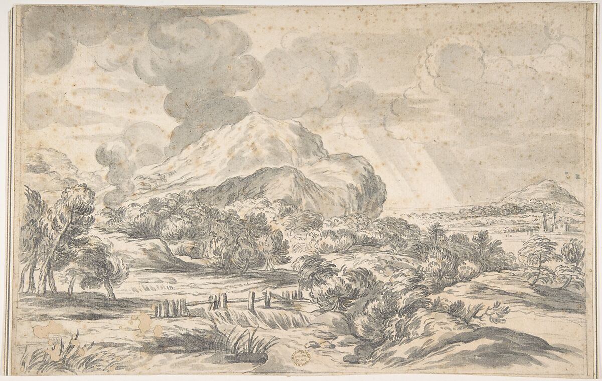 Landscape with Mountains in the Distance, Ciro Ferri (Italian, Rome 1634?–1689 Rome), Brush and gray wash, over traces of black chalk 