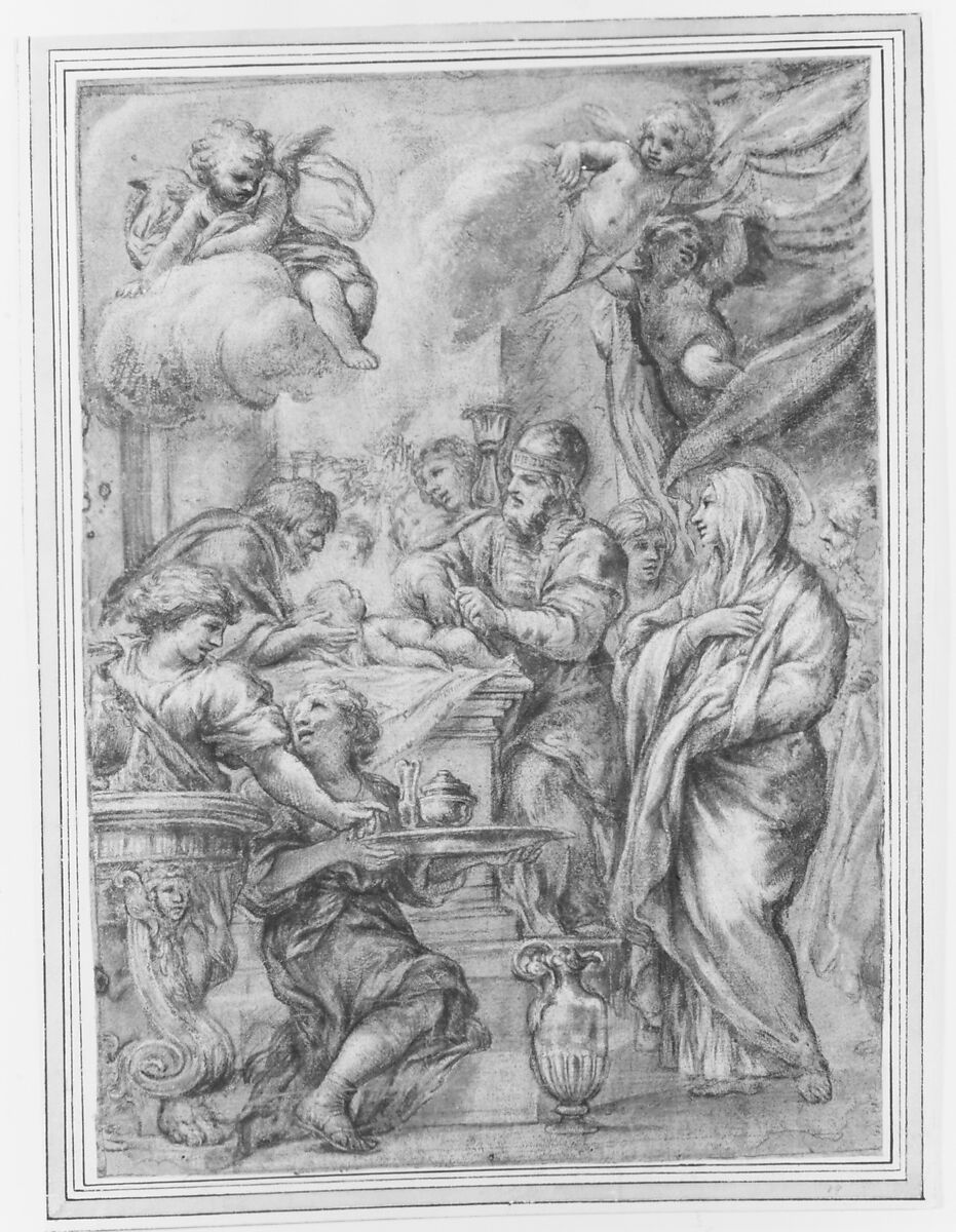 The Circumcision, Study for an Engraving, Ciro Ferri (Italian, Rome 1634?–1689 Rome) - workshop of, Pen and brown ink, brush and brown wash, highlighted with white, over black chalk