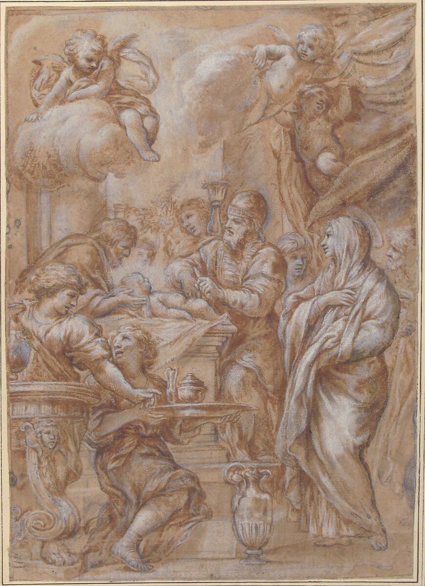 The Circumcision, Study for an Engraving, Ciro Ferri (Italian, Rome 1634?–1689 Rome) - workshop of, Pen and brown ink, brush and brown wash, highlighted with white, over black chalk