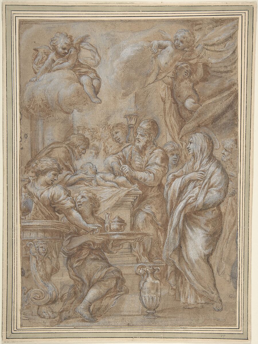 The Circumcision, Study for an Engraving, Ciro Ferri (Italian, Rome 1634?–1689 Rome) - workshop of, Pen and brown ink, brush and brown wash, highlighted with white, over black chalk 