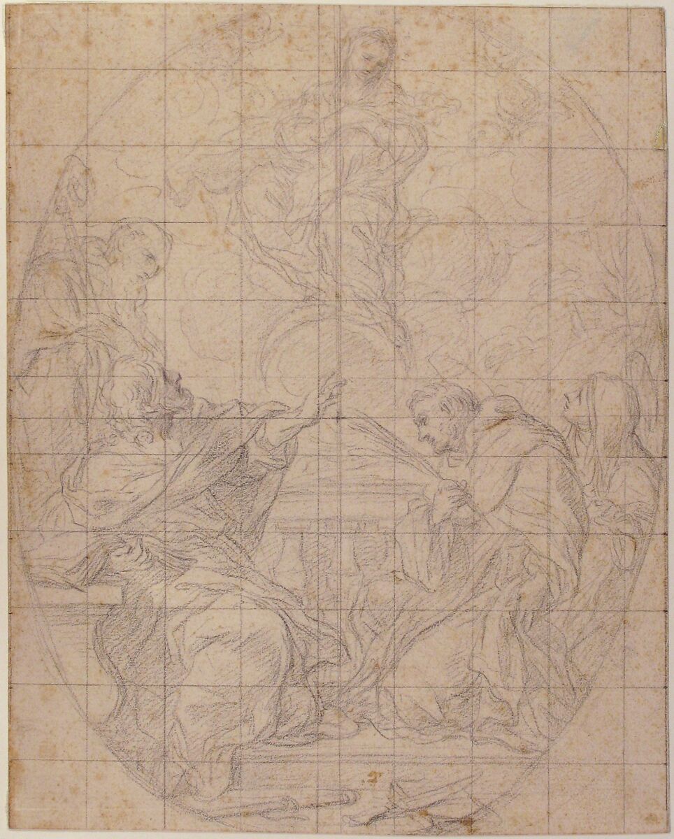 The Virgin Immaculate Appearing to Four Saints, Ciro Ferri (Italian, Rome 1634?–1689 Rome), Black chalk; squared in black chalk