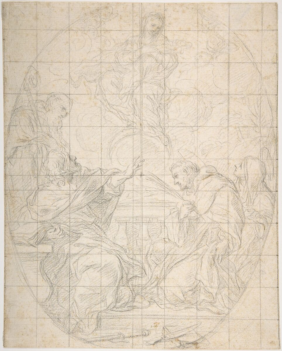 The Virgin Immaculate Appearing to Four Saints, Ciro Ferri (Italian, Rome 1634?–1689 Rome), Black chalk; squared in black chalk 