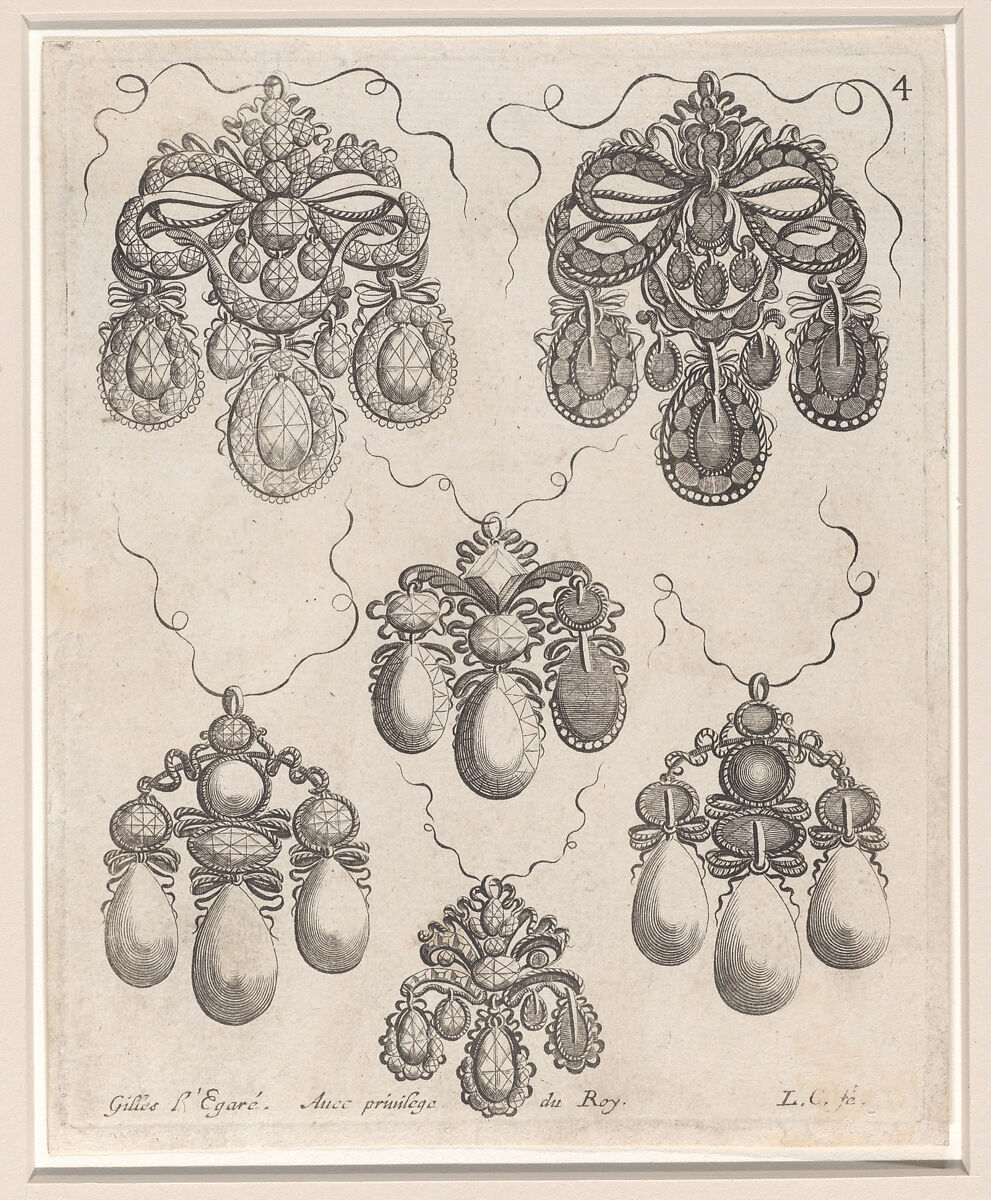 Design for Pendants, Plate 4 from 'Livre des Ouvrages d'Orfevrerie', Gilles Légaré (French, 1610–1685), Engraving; 2nd state with plate numbers 