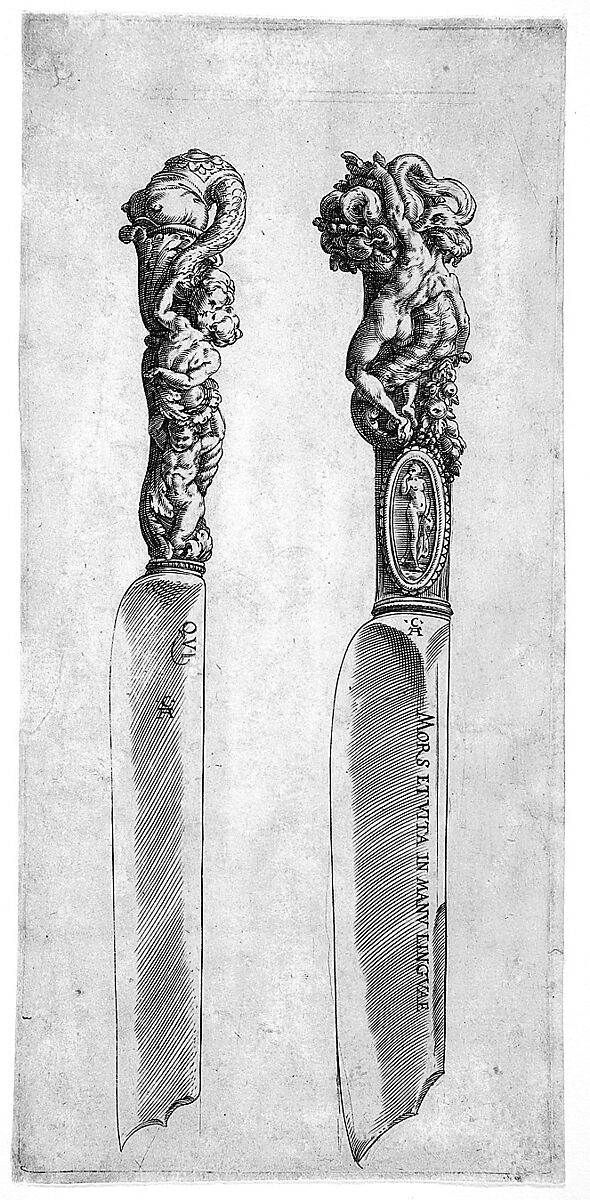 Design for Two Knife Handles, Cherubino Alberti (Zaccaria Mattia) (Italian, Borgo Sansepolcro 1553–1615 Rome), Engraving