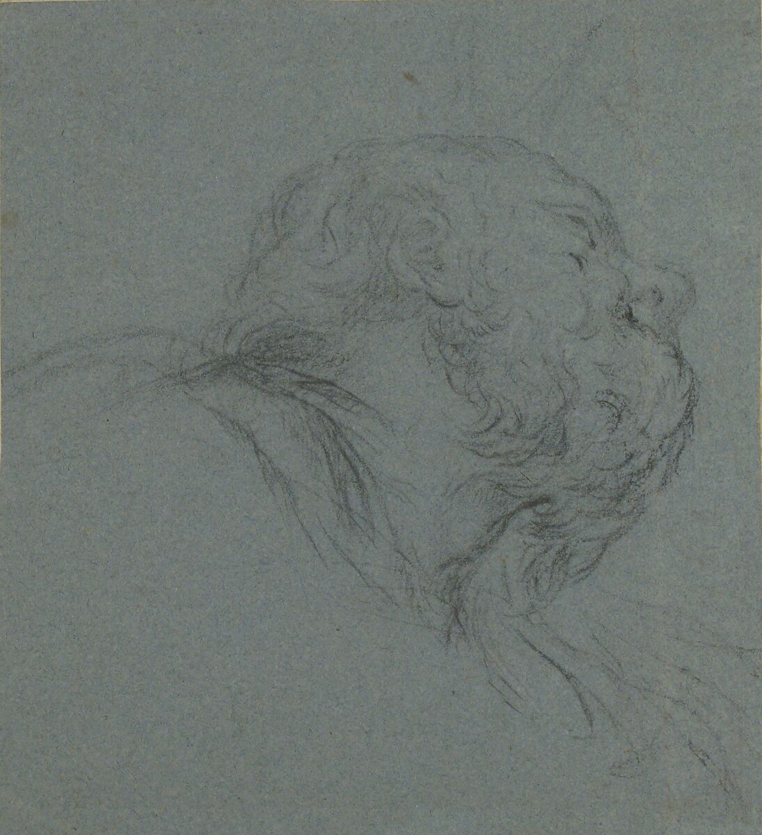 Head of a Bearded Man Looking to Upper Right, Ciro Ferri (Italian, Rome 1634?–1689 Rome), Black chalk on blue paper