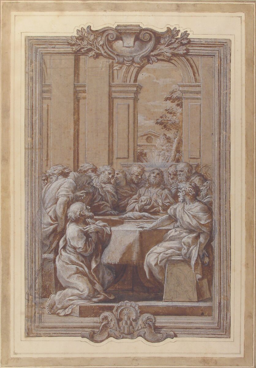 The Last Supper, Ciro Ferri (Italian, Rome 1634?–1689 Rome), Brush and brown wash, highlighted with white, over black chalk, on brownish paper