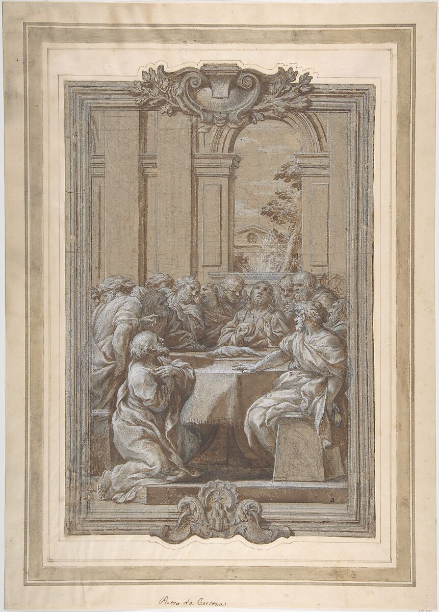 The Last Supper, Ciro Ferri (Italian, Rome 1634?–1689 Rome), Brush and brown wash, highlighted with white, over black chalk, on brownish paper 