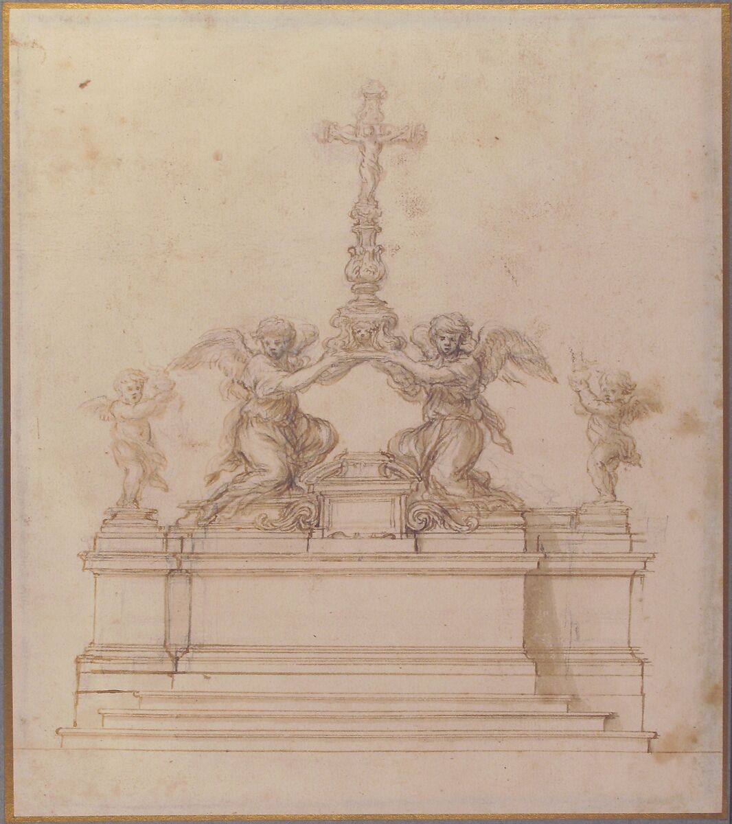 Design for an Altar with Kneeling Angels Supporting a Crucifix, Ciro Ferri (Italian, Rome 1634?–1689 Rome), Pen and brown ink, brush and brown wash, over black chalk