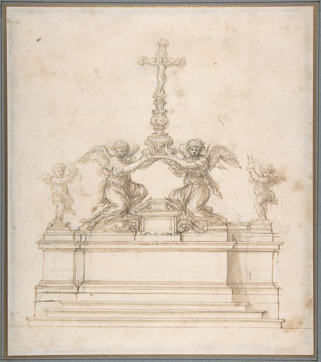 Design for an Altar with Kneeling Angels Supporting a Crucifix, Ciro Ferri (Italian, Rome 1634?–1689 Rome), Pen and brown ink, brush and brown wash, over black chalk 