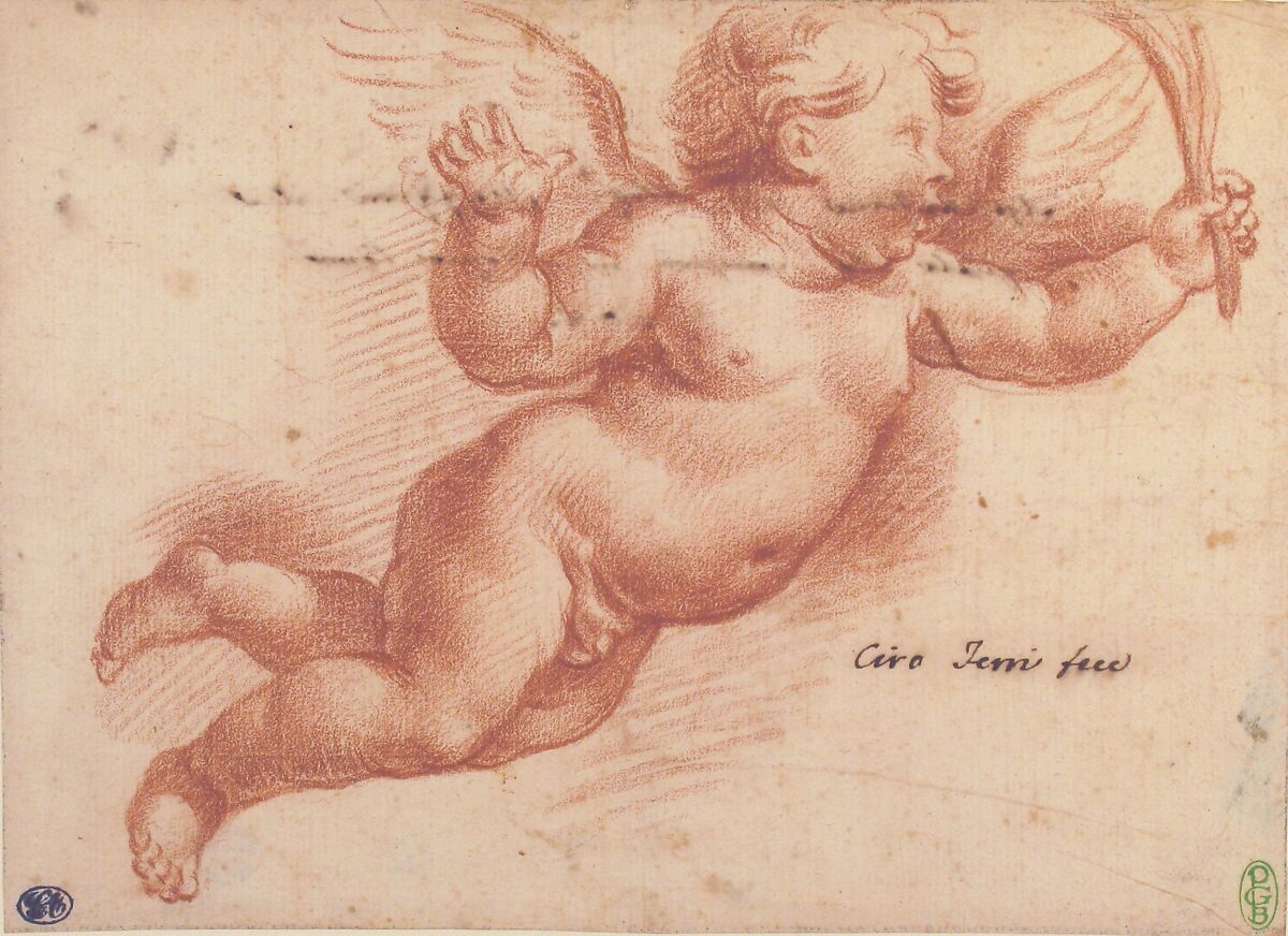 Flying Putto, Ciro Ferri (Italian, Rome 1634?–1689 Rome), Red chalk