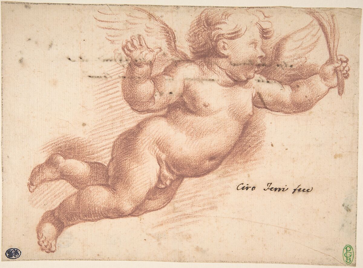 Flying Putto, Ciro Ferri (Italian, Rome 1634?–1689 Rome), Red chalk 