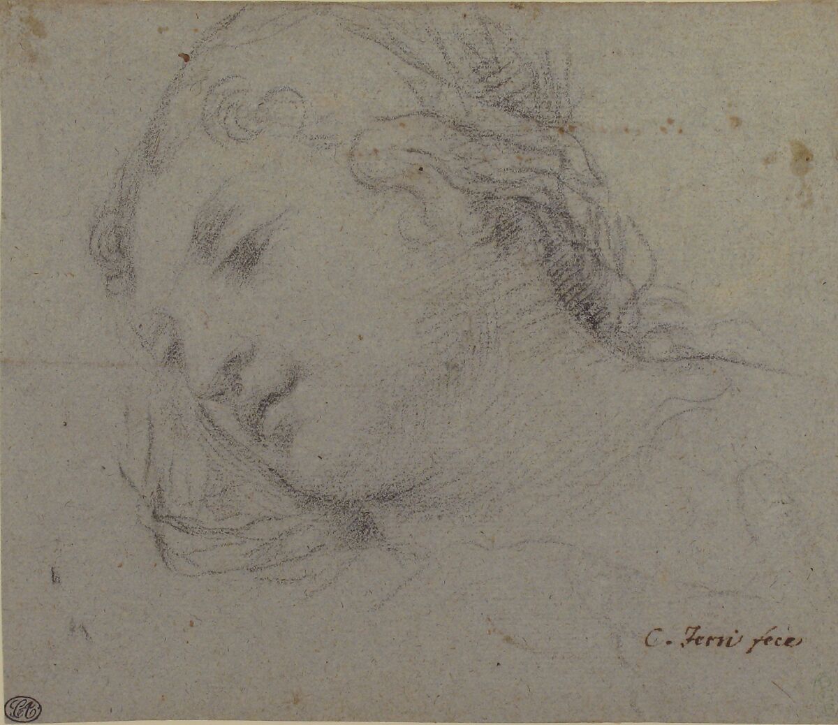 Head of a Woman (recto); Head of a Child, Study of Children's Forearms (verso), Ciro Ferri (Italian, Rome 1634?–1689 Rome), Black chalk on blue paper