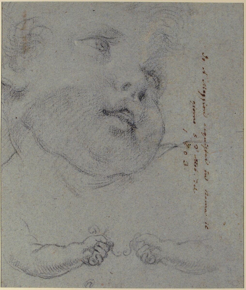 Head of a Woman (recto); Head of a Child, Study of Children's Forearms (verso), Ciro Ferri (Italian, Rome 1634?–1689 Rome), Black chalk on blue paper