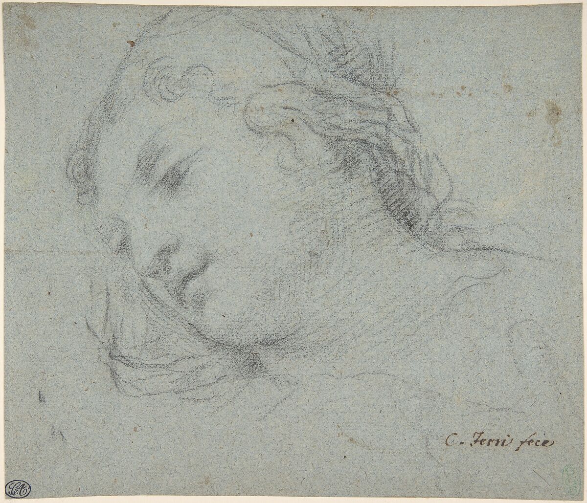 Head of a Woman (recto); Head of a Child, Study of Children's Forearms (verso), Ciro Ferri (Italian, Rome 1634?–1689 Rome), Black chalk on blue paper 