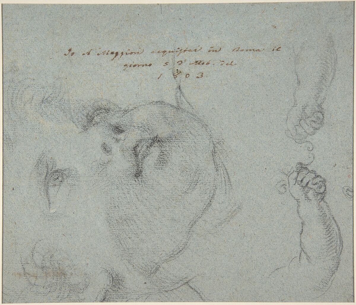 Head of a Woman (recto); Head of a Child, Study of Children's Forearms (verso), Ciro Ferri (Italian, Rome 1634?–1689 Rome), Black chalk on blue paper
