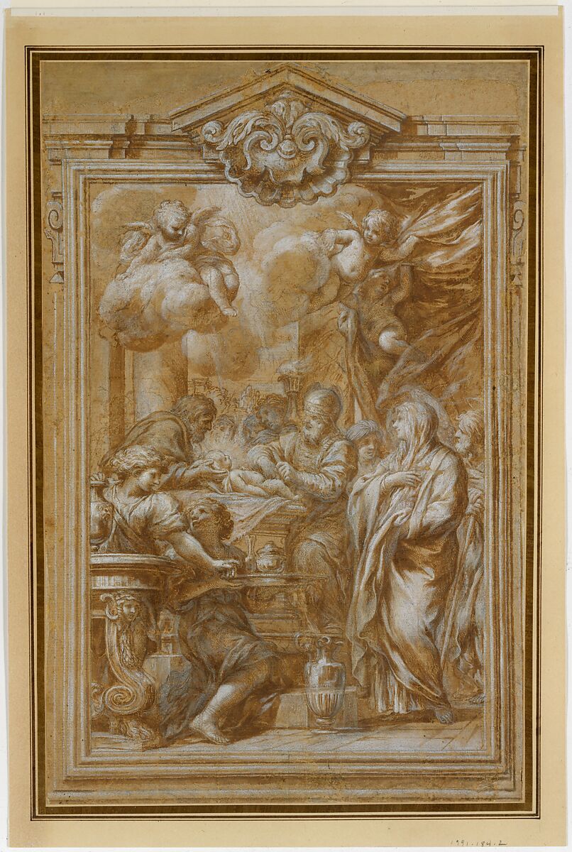 The Circumcision, Ciro Ferri (Italian, Rome 1634?–1689 Rome), Pen and brown ink, brush and brown wash, highlighted with white, over black chalk, on light brown paper