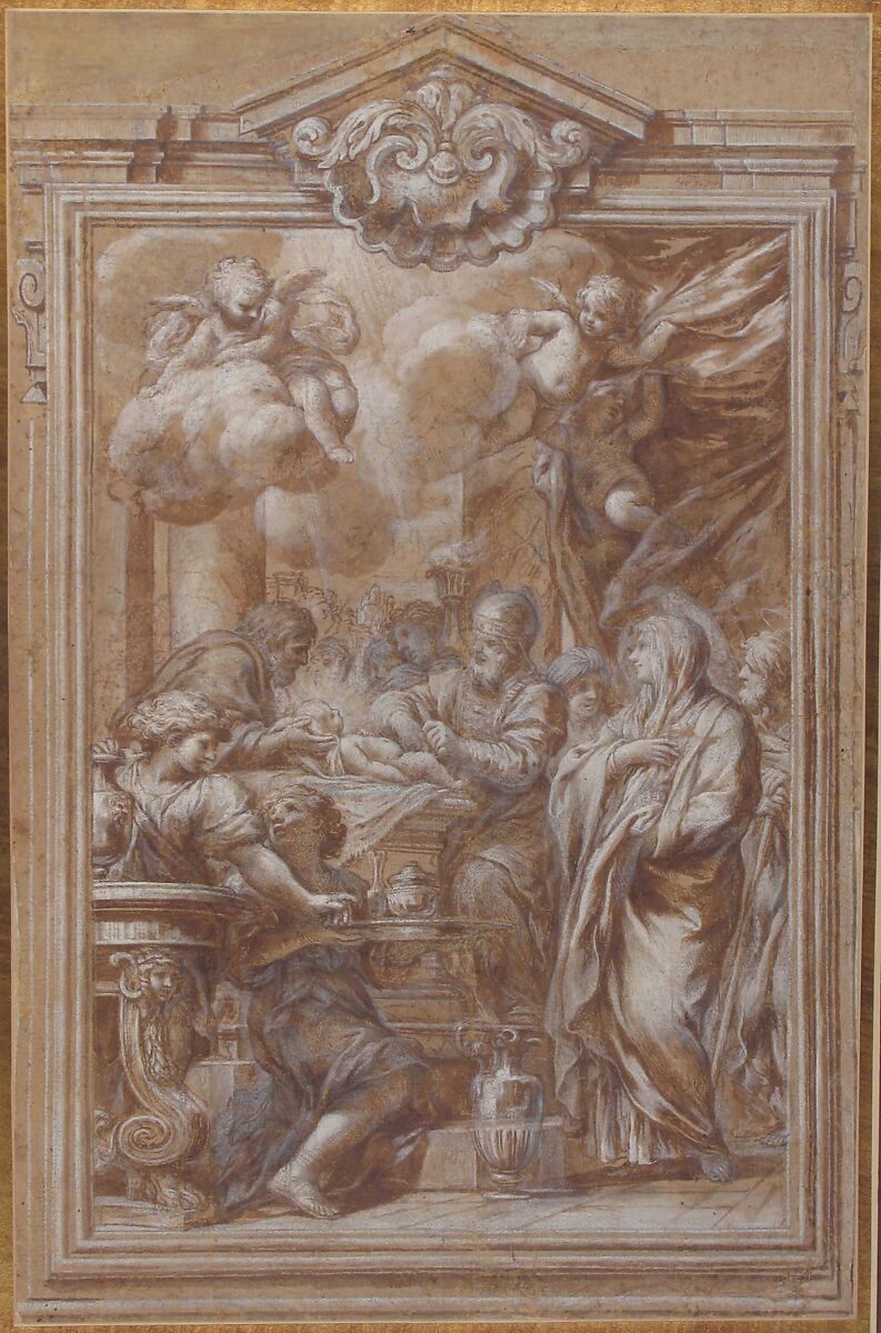 The Circumcision, Ciro Ferri (Italian, Rome 1634?–1689 Rome), Pen and brown ink, brush and brown wash, highlighted with white, over black chalk, on light brown paper