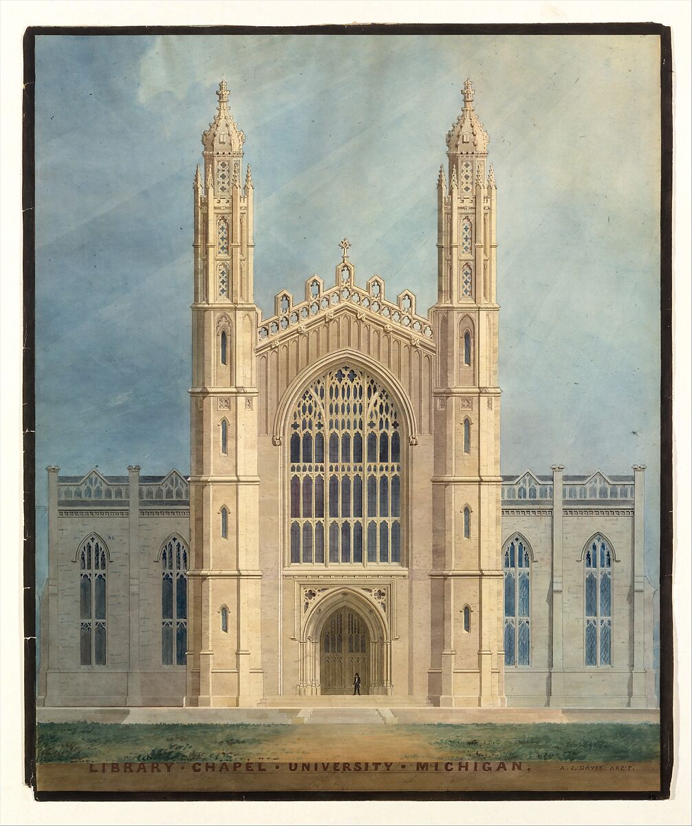 Library and Chapel, University of Michigan, Ann Arbor (front elevation), Alexander Jackson Davis (American, New York 1803–1892 West Orange, New Jersey), Watercolor, ink and graphite on paper 