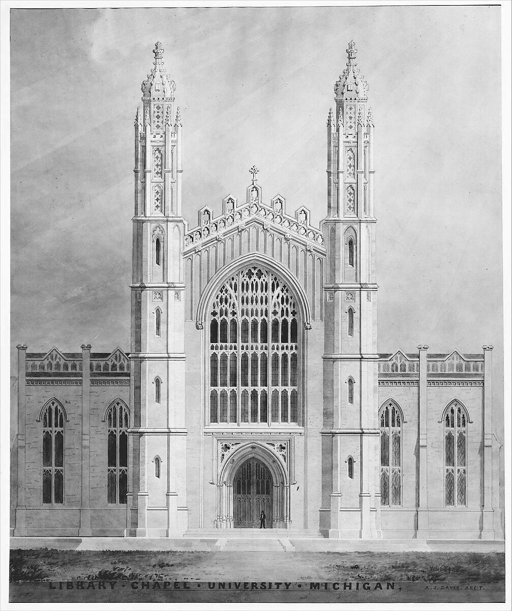 Library and Chapel, University of Michigan, Ann Arbor (front elevation), Alexander Jackson Davis (American, New York 1803–1892 West Orange, New Jersey), Watercolor, ink and graphite on paper