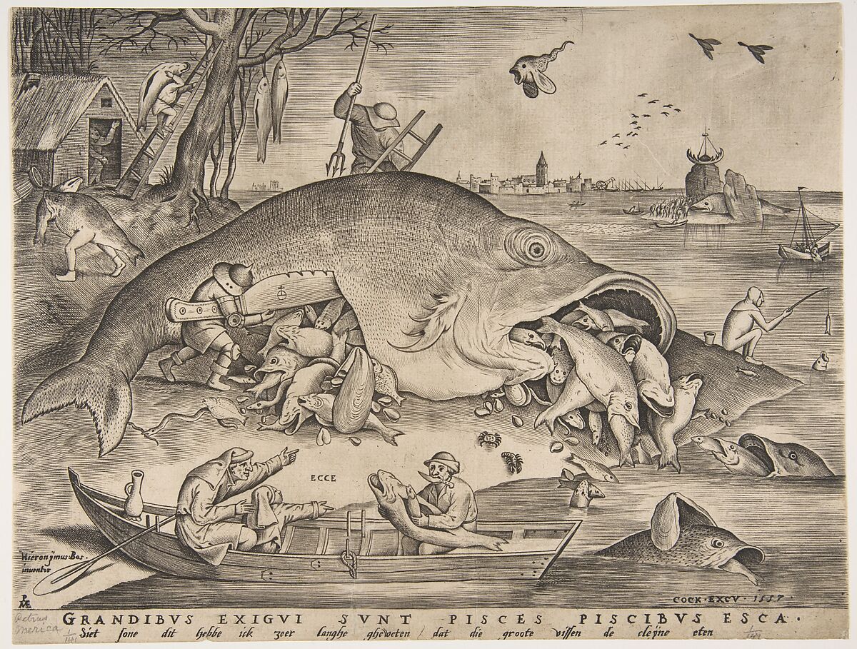 Big Fish Eat Little Fish, Pieter van der Heyden  Netherlandish, Engraving; first state of four