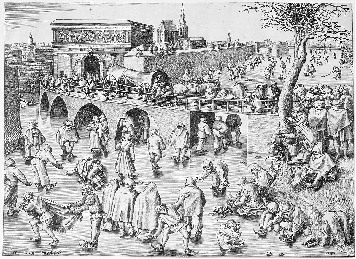 Skating before the St. George's Gate, Antwerp, After Pieter Bruegel the Elder (Netherlandish, Breda (?) ca. 1525–1569 Brussels), Engraving; first state of two