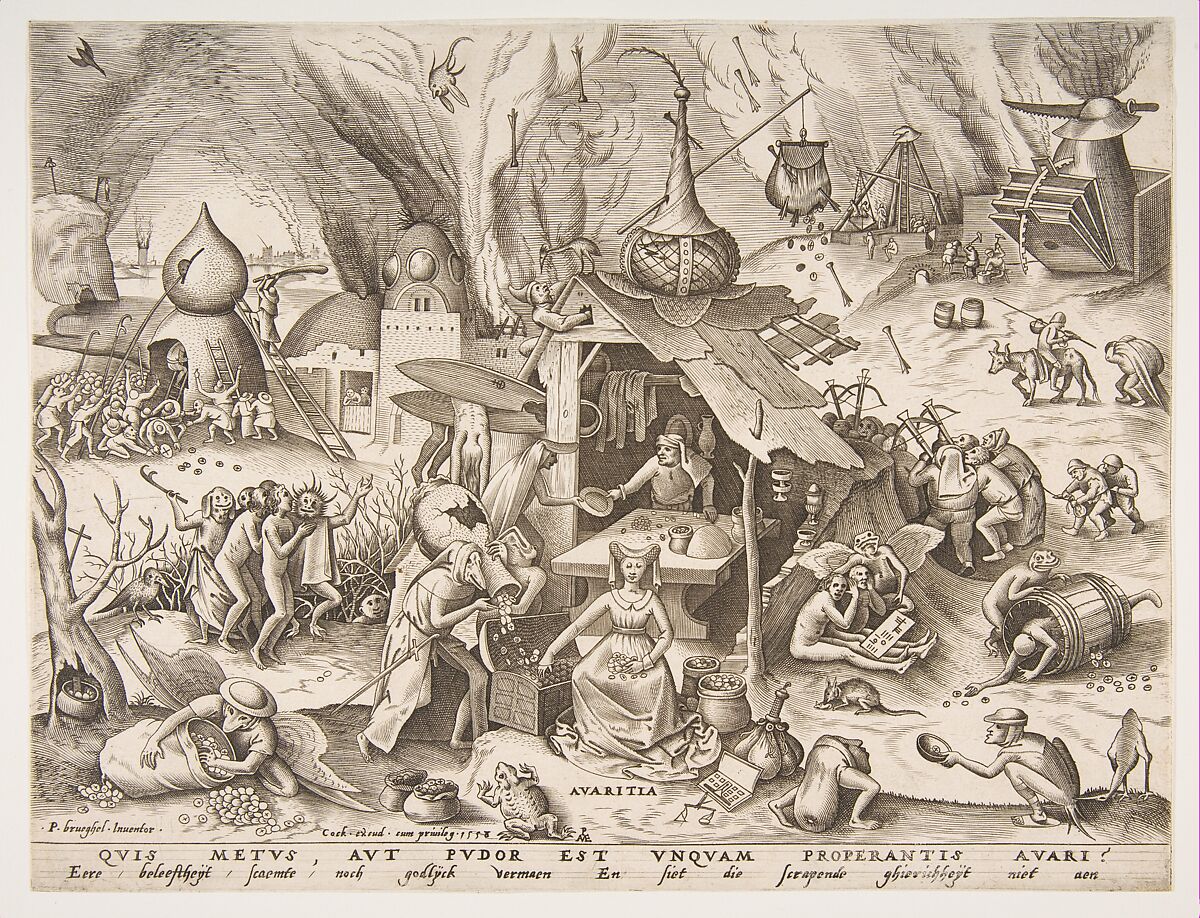 Avarice (Avaritia) from the series The Seven Deadly Sins, Pieter van der Heyden (Netherlandish, ca. 1525–1569), Engraving; first state of two 