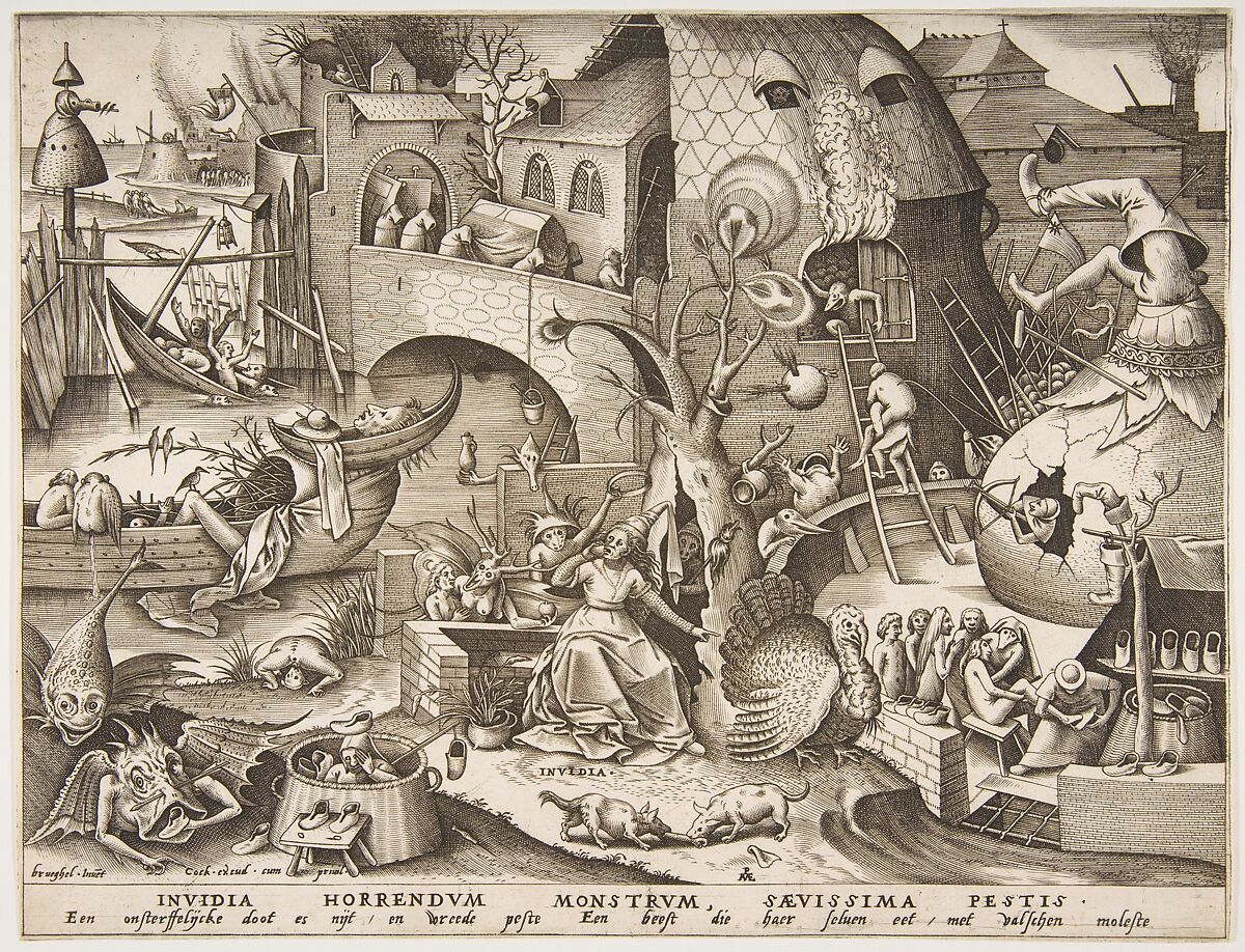 Envy (Invidia) from The Seven Deadly Sins, After Pieter Bruegel the Elder (Netherlandish, Breda (?) ca. 1525–1569 Brussels), Engraving; first state of two 