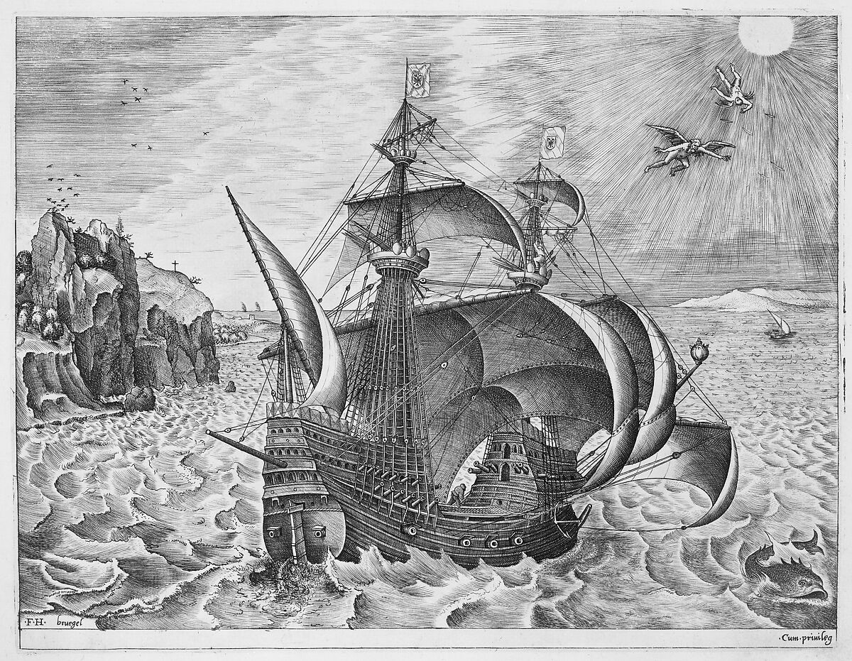 Armed Three-master with Daedalus and Icarus in the Sky from The Sailing Vessels, After Pieter Bruegel the Elder (Netherlandish, Breda (?) ca. 1525–1569 Brussels), Engraving; first state of three