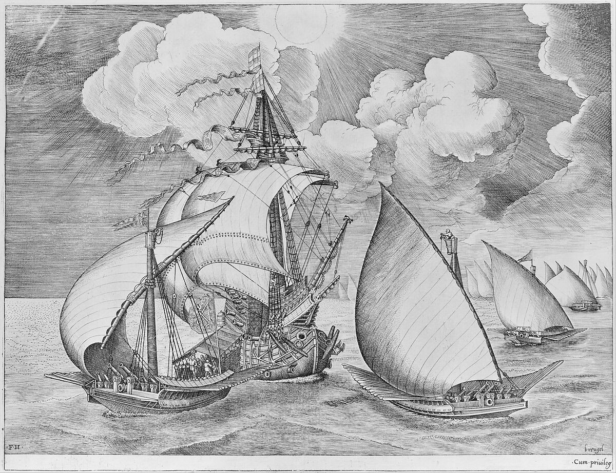 Armed Three-master with Daedalus and Icarus in the Sky from The Sailing Vessels, After Pieter Bruegel the Elder (Netherlandish, Breda (?) ca. 1525–1569 Brussels), Engraving; first state of three