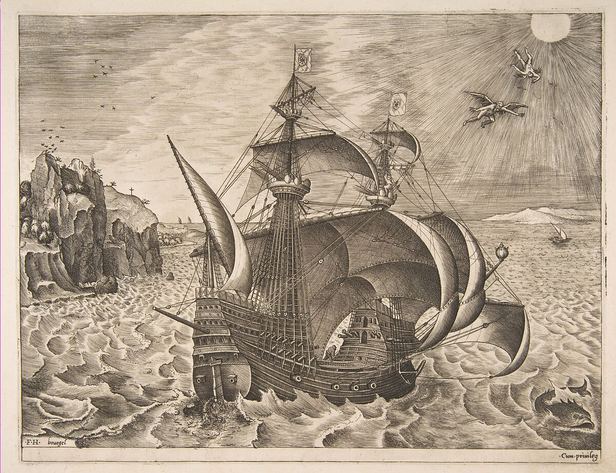 Armed Three-master with Daedalus and Icarus in the Sky from The Sailing Vessels, After Pieter Bruegel the Elder (Netherlandish, Breda (?) ca. 1525–1569 Brussels), Engraving; first state of three 