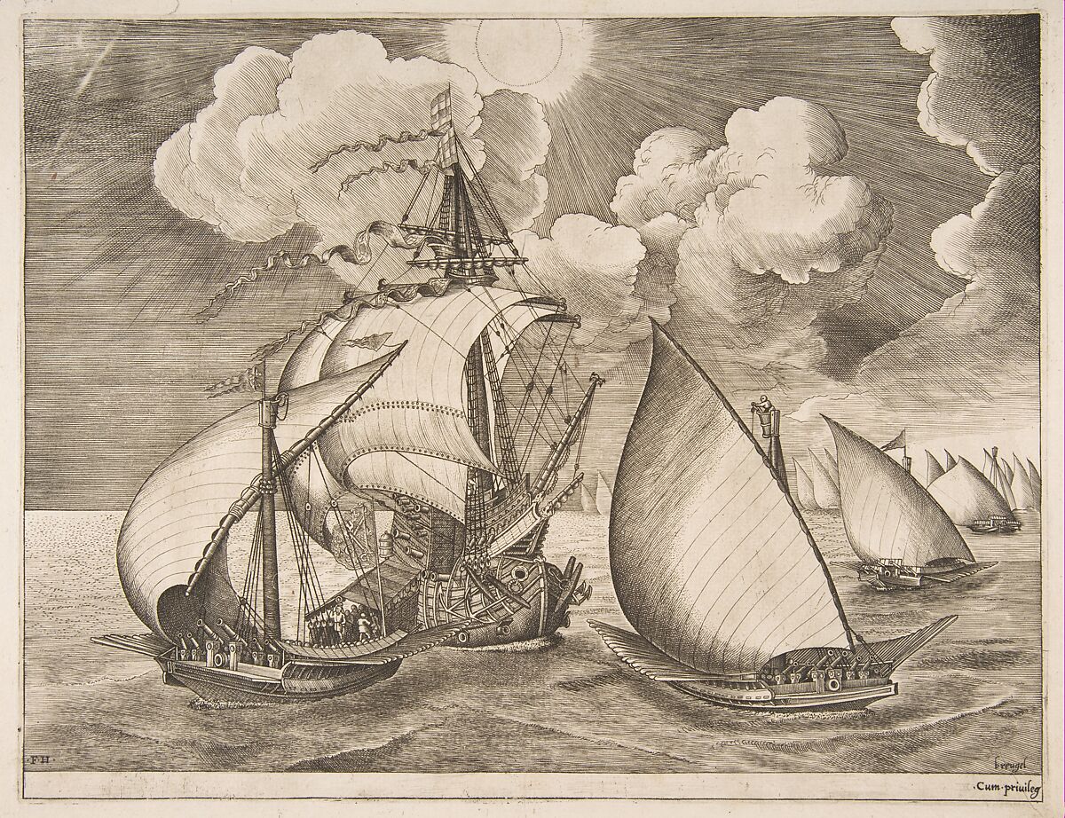 Fleet of Galleys Escorted by a Caravel from The Sailing Vessels, After Pieter Bruegel the Elder (Netherlandish, Breda (?) ca. 1525–1569 Brussels), Engraving and etching 