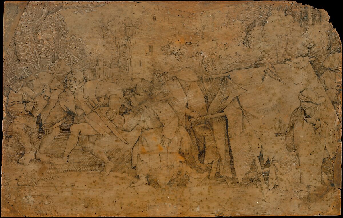 The Dirty Bride or The Wedding of Mopsus and Nisa, Pieter Bruegel the Elder (Netherlandish, Breda (?) ca. 1525–1569 Brussels), Pen and black-brown ink on white-prepared partially carved block of applewood