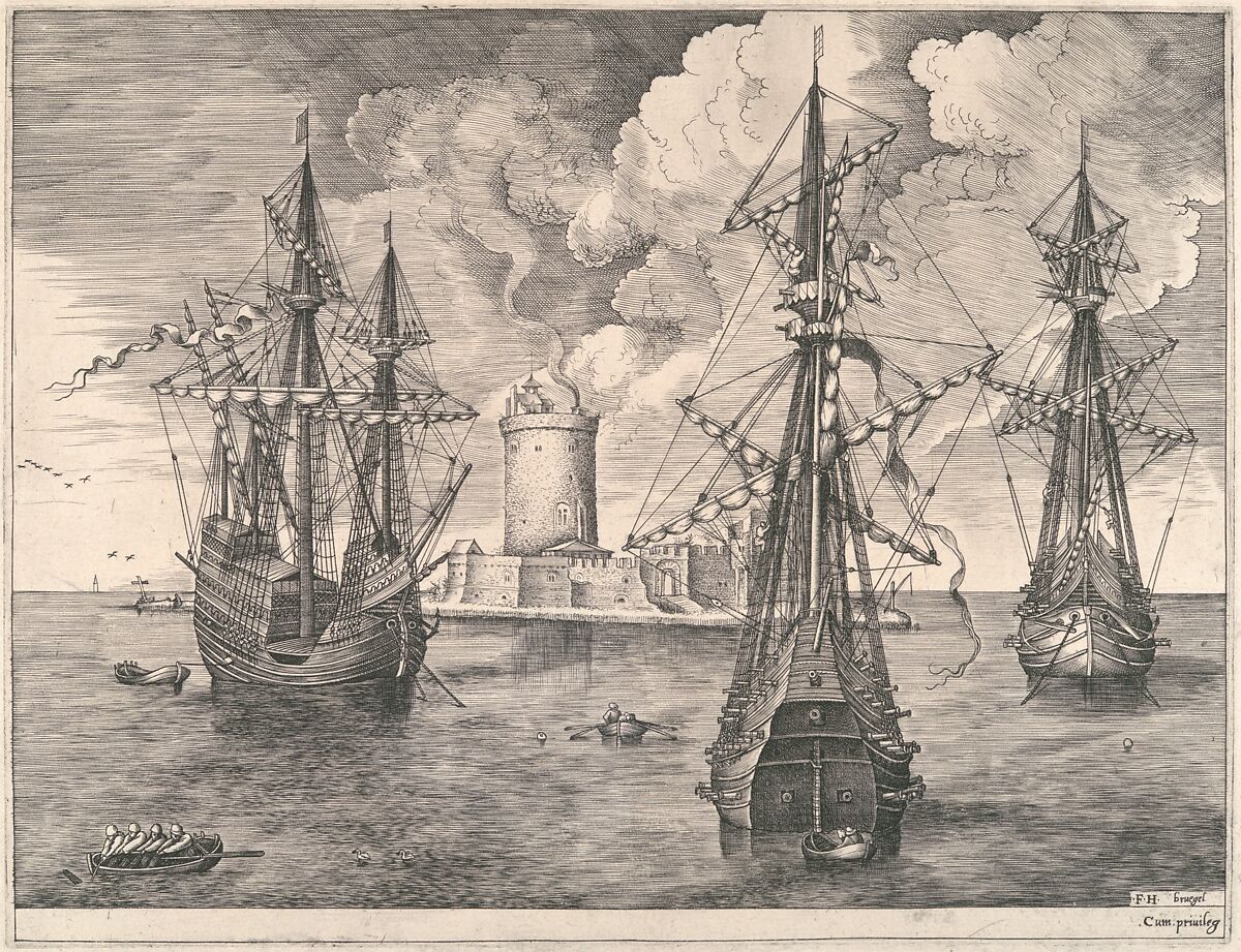 Four-master and Two Three-masters Anchored near a Fortified Island, from "The Sailing Vessels", Pieter Bruegel the Elder (Netherlandish, Breda (?) ca. 1525–1569 Brussels), Engraving and etching; first state of three