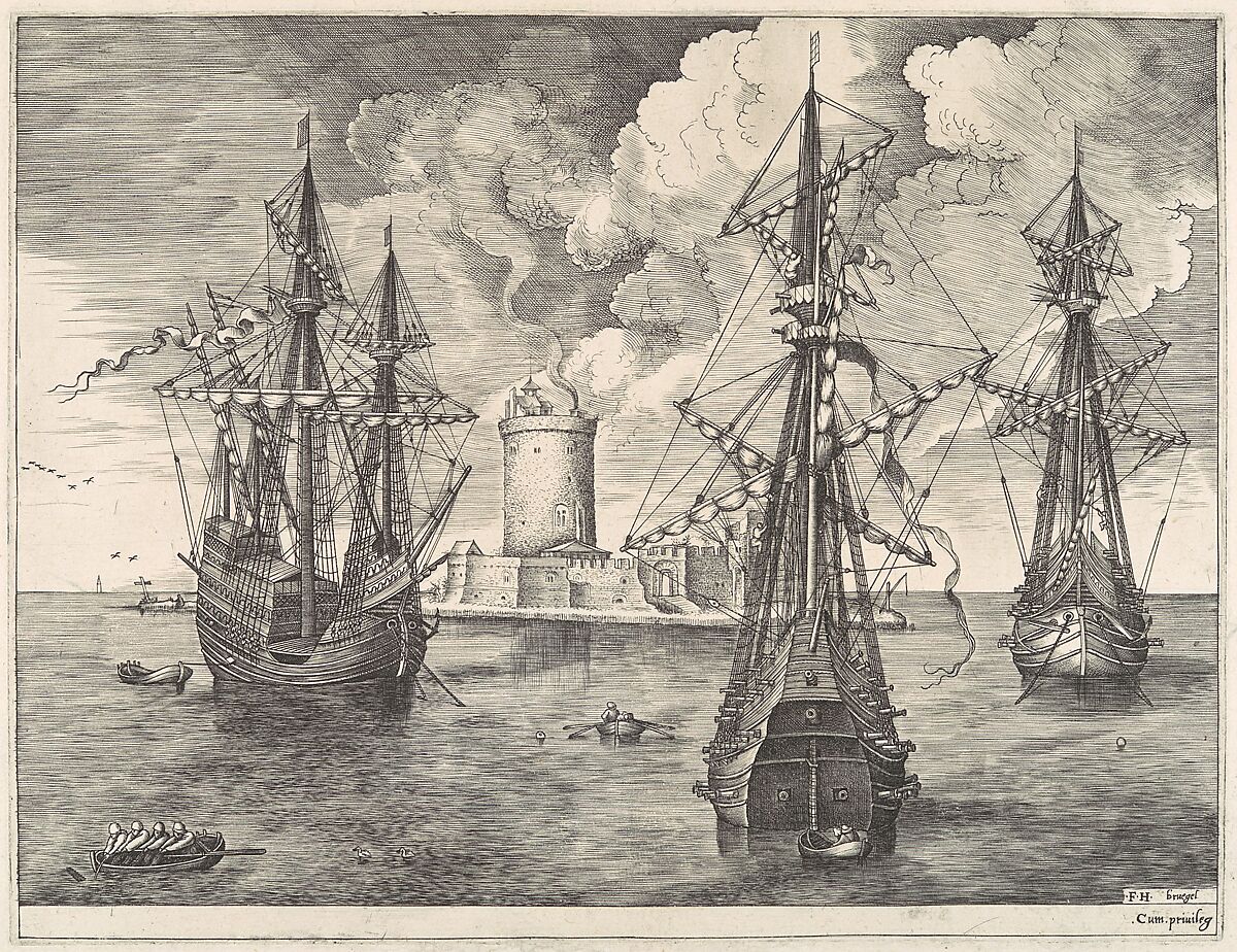 Four-master and Two Three-masters Anchored near a Fortified Island, from "The Sailing Vessels", Pieter Bruegel the Elder (Netherlandish, Breda (?) ca. 1525–1569 Brussels), Engraving and etching; first state of three