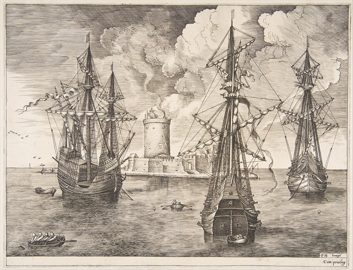 Four-master and Two Three-masters Anchored near a Fortified Island, from "The Sailing Vessels", Pieter Bruegel the Elder (Netherlandish, Breda (?) ca. 1525–1569 Brussels), Engraving and etching; first state of three 